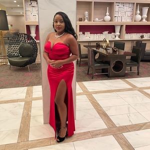 Long Red dress with slit & sweetheart neck